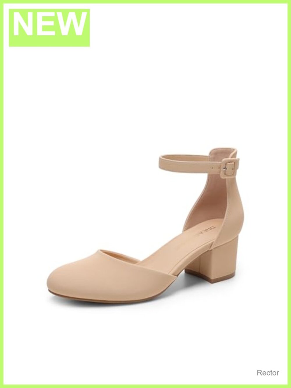Women's Round Toe Low Block Heel Pumps with Adjustable Ankle Strap, Faux Leather
